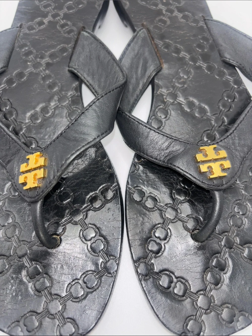 Tory Burch Black Leather Logo Thong Sandals with Gold Emblem